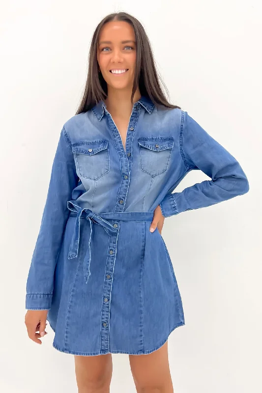 women's neon dressesLorelai Denim Mini Dress Mid Blue