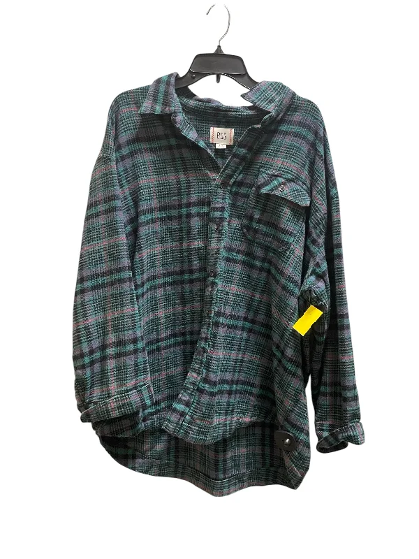 women's tops with sheer overlaysTop Long Sleeve By Urban Outfitters In Plaid Pattern, Size: L