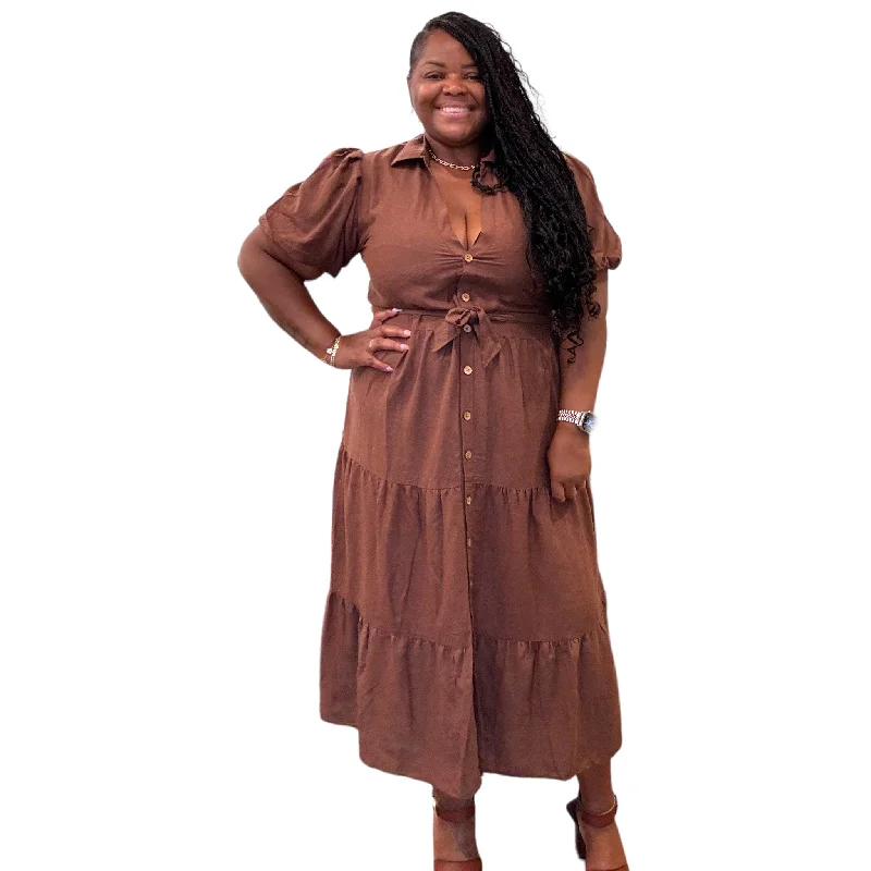 women's luxury dressesLinen Plus Size Brown Button Down Maxi Dress