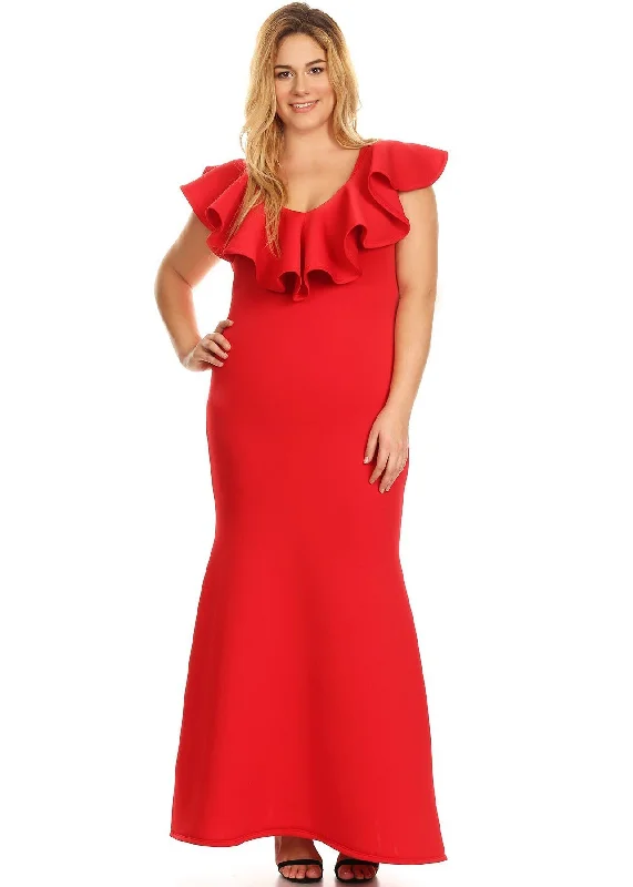 women's maxi dressesPlus Size Women  Ruffle Hem V-neck Mermaid Maxi Dress