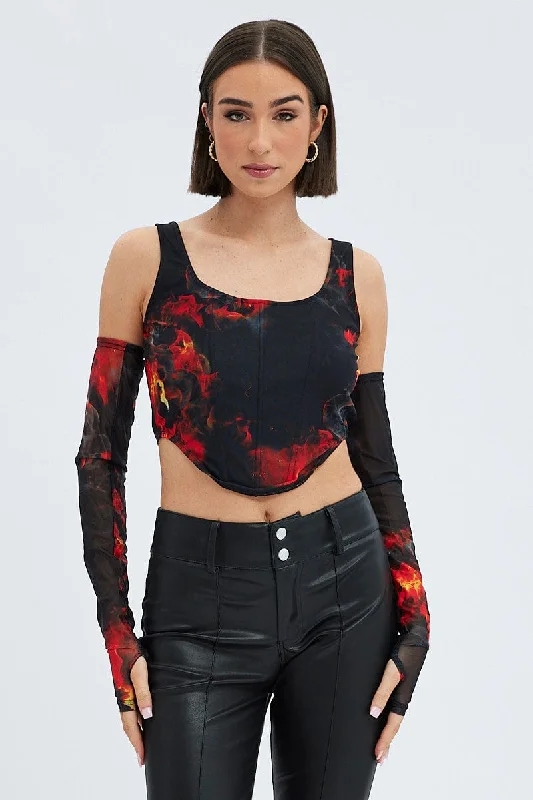 women's tops with lace-up frontsMulti Print Corset & Long Sleeve Set Scoop Neck Semi-Crop Mesh