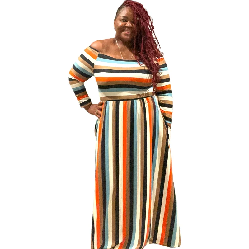 Bell-Sleeve DressWomen’ s Plus Size Off The Shoulder Striped Maxi Dress