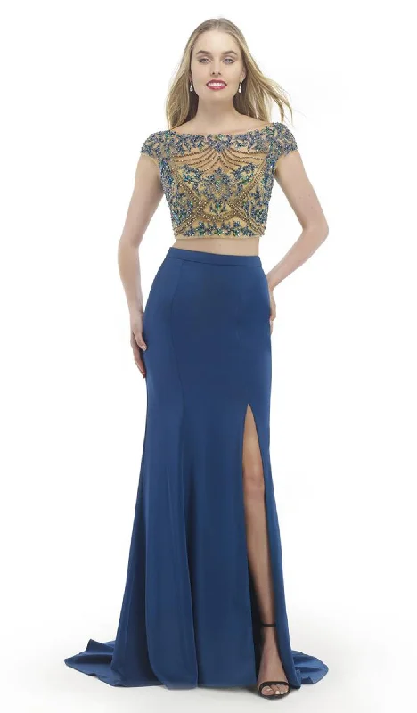 women's designer dressesMorrell Maxie - Cap sleeve Exposed Midriff High Slit Gown 15783SC