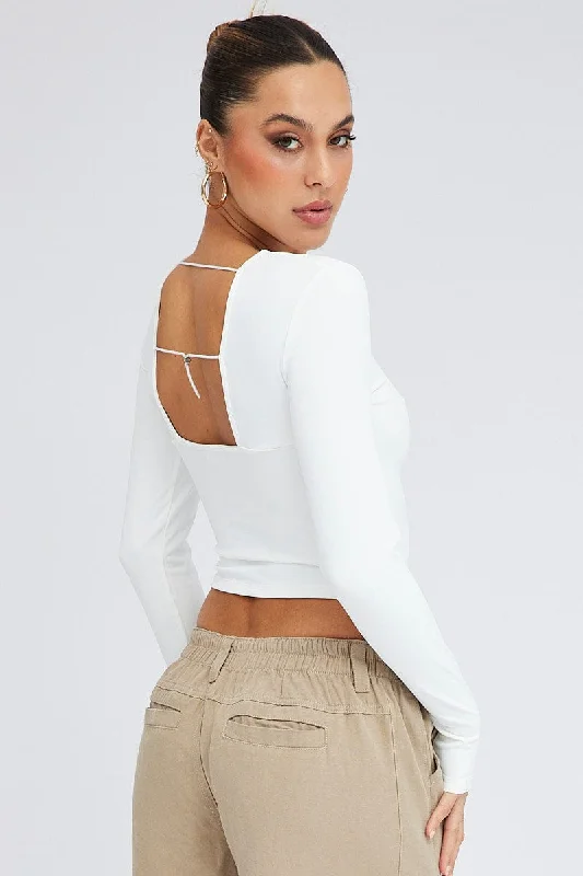 women's tops for those who want to stay on top of the latest fashion trends and wear pieces that are both stylish and on-trendWhite Top Long Sleeve Round Neck Elastic Back Jersey