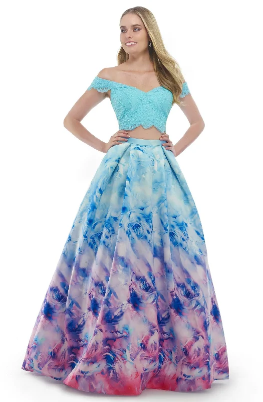 women's maxi dressesMorrell Maxie - 15836 Lace Crop Top Mikado Printed Train Ballgown