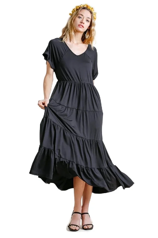 women's high-end dressesTiered V-Neck Maxi Dress, Black