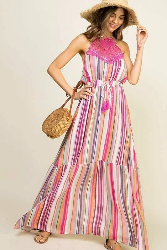 A-Line DressStriped Halter & Lace Maxi Dress