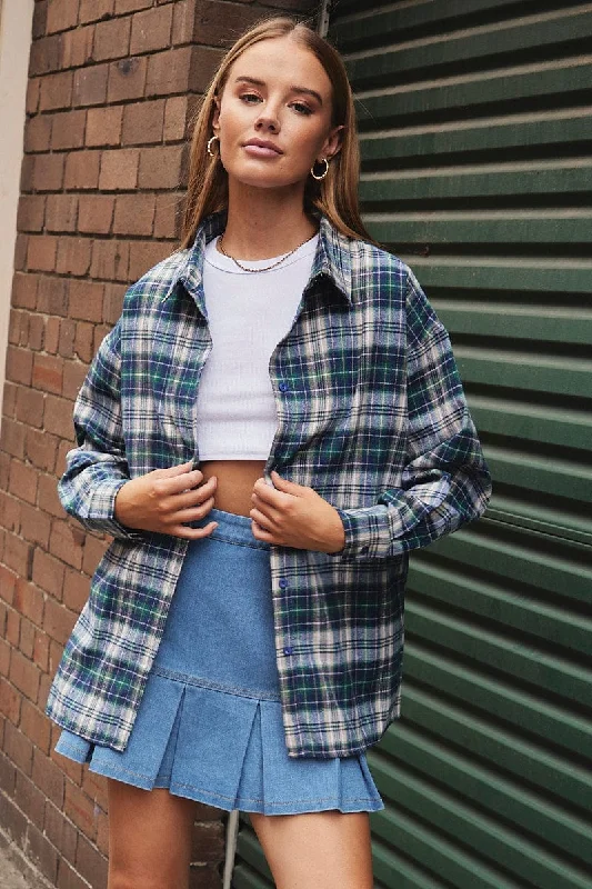 women's tops with asymmetrical designsGreen Check Shirt Long Sleeve Collar Check