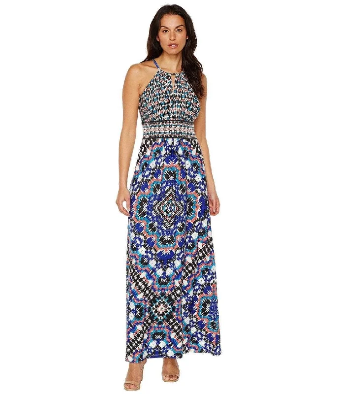 women's ruffle dressesMaggy London T2658MNR Mixed Ikat Keyhole Cutout Halter Maxi Dress