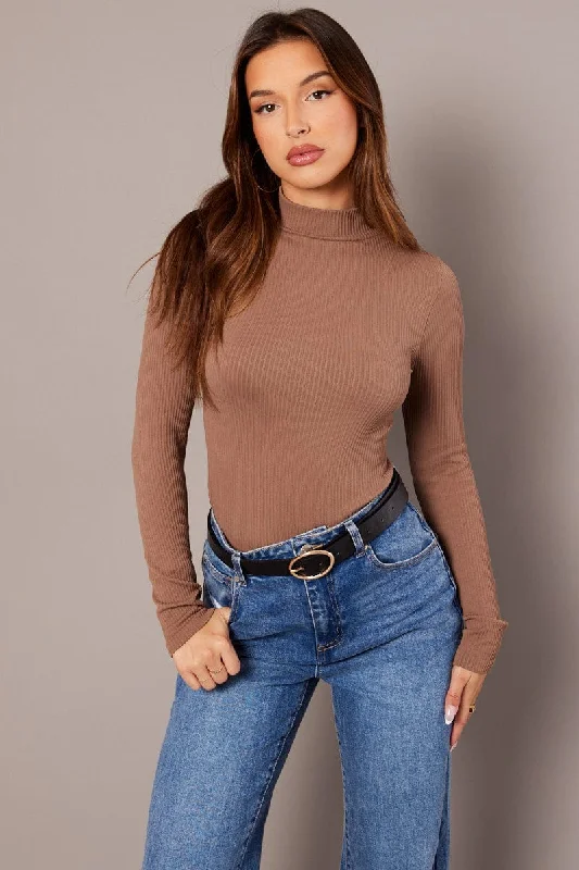 women's tops with asymmetrical designsBrown Seamless Top Long Sleeve High Neck Longline