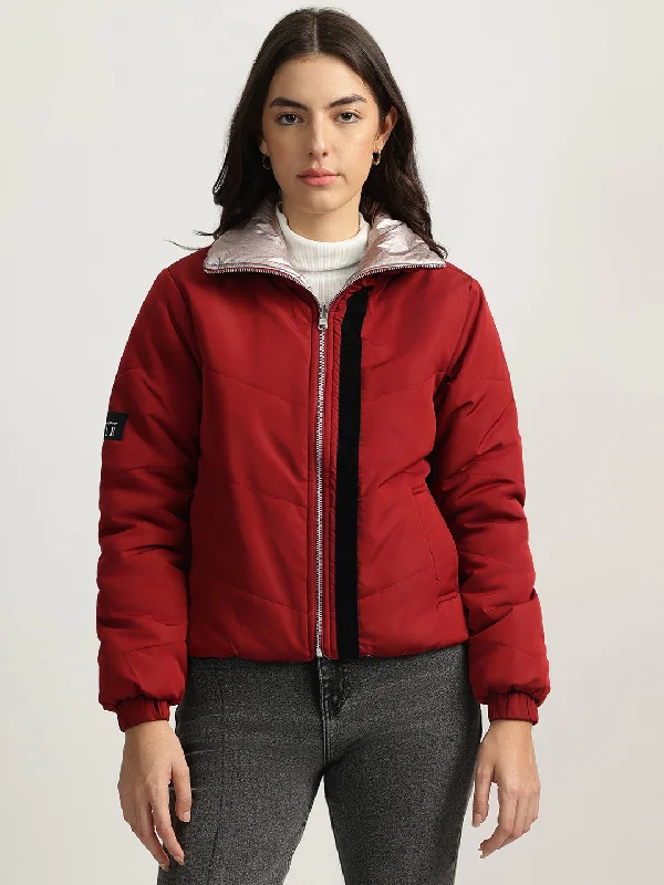 women's tops for those who want to create outfits that reflect their personal style and sense of fashionElle Women Red Solid Stand Collar Full Sleeves Reversible Jacket