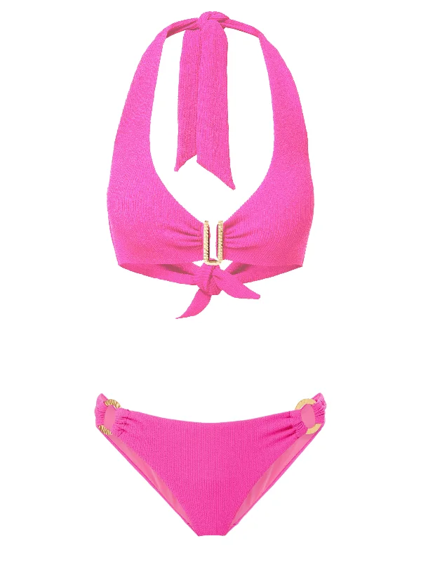 Geometric Print Female SwimwearMelissa Top + Ring Trim Bottom in Shocking Pink Texture