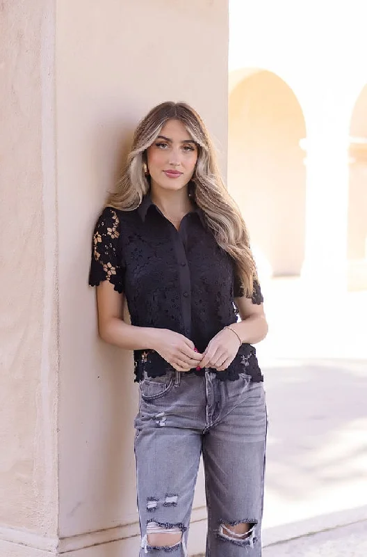 women's tops for those who want to add a touch of sophistication to their casual attireJordyn Short Sleeve Button Down Floral Lace Top Black