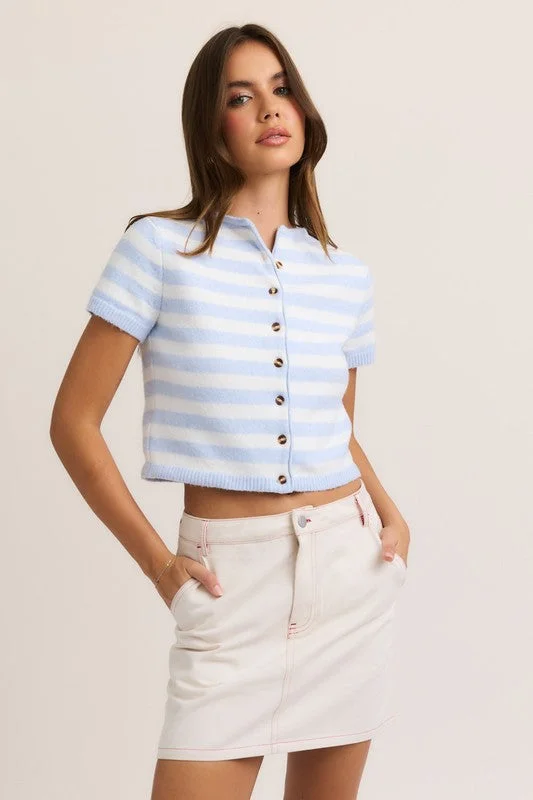 women's tops for layeringAngie Short Sleeve Button Down Stripe Print Cropped Sweater Top Blue