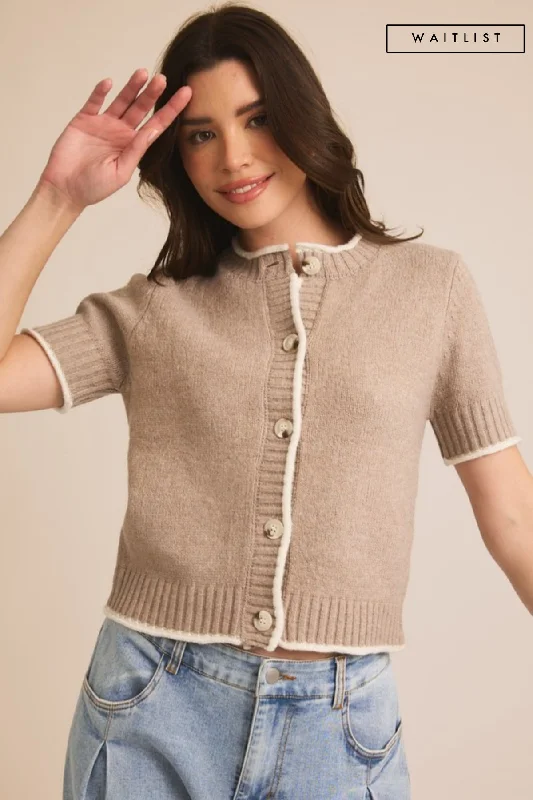 women's tops for statement-making outfitsWaitlist 1/20 ♥ Kenzie Short Sleeve Button Down Contrast Sweater Top Taupe