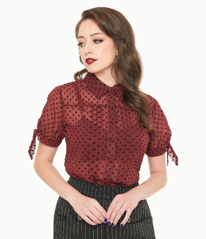 women's tops for mixing and matching with different bottomsUnique Vintage 1950s Burgundy & Black Clip Dot Tie Cuff Blouse