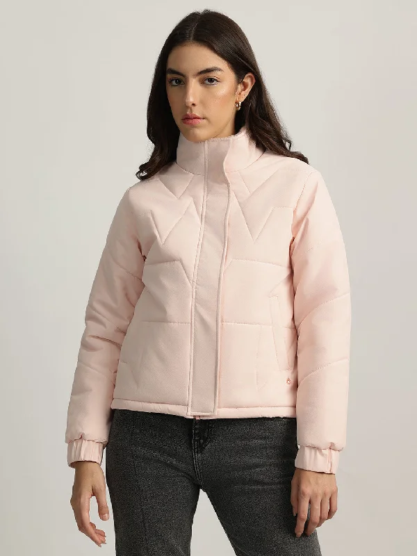 women's tops with unique designsIconic Women Pink Solid Stand Collar Full Sleeves Quilted Jacket