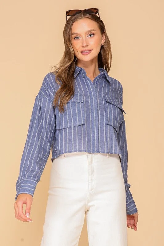 women's tops for mixing and matching with different bottomsSimone Long Sleeve Button Down Stripe Print Crop Top Blue