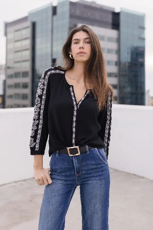 women's tops for those who love to experiment with fashionKatrina Embroidered Long Sleeve Top Black