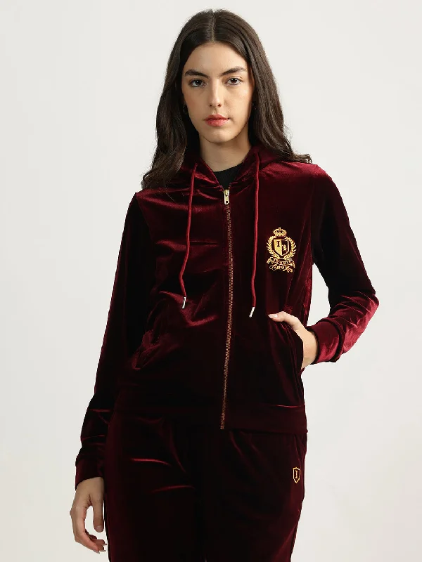 women's tops for those who want to create outfits that are both unique and memorableIconic Women Maroon Solid Hooded Full Sleeves Zip Through Sweatshirt