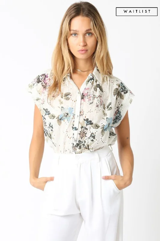 women's tops in solid colorsWaitlist 1/20 ♥ Joanna Short Sleeve Button Down Eyelet Floral Print Top Natural