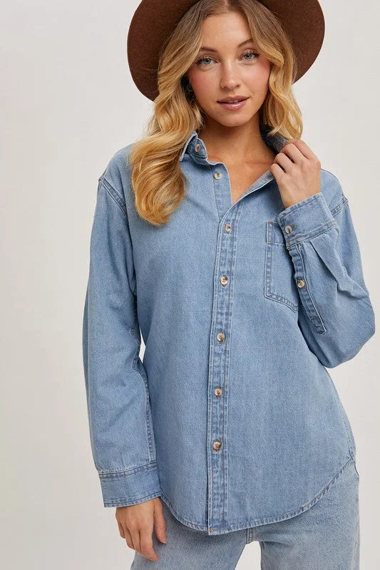 women's tops for relaxed weekendsOlive Long Sleeve Button Down Denim Top Light Wash