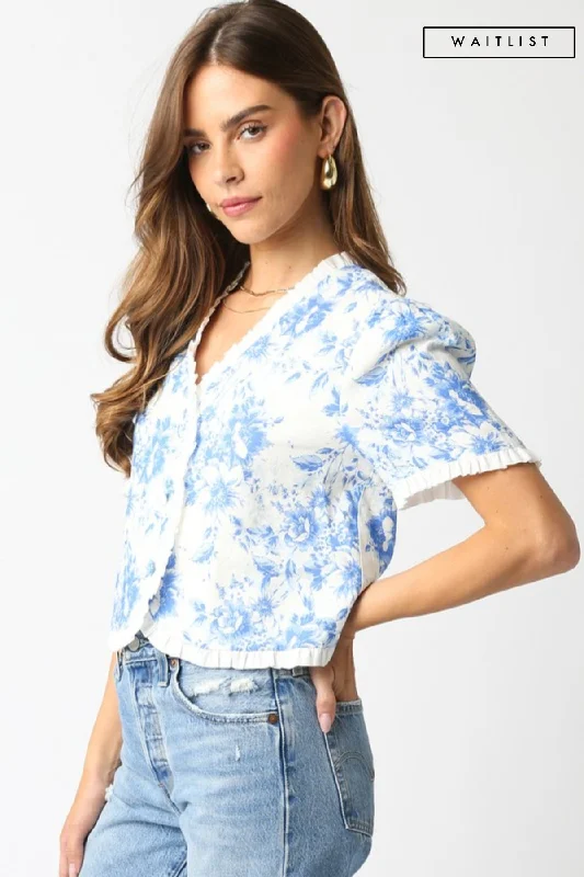 women's tops for those who believe in expressing their individuality through fashionWaitlist 2/20 ♥ Paloma Short Sleeve Button Down Floral Print Top Blue