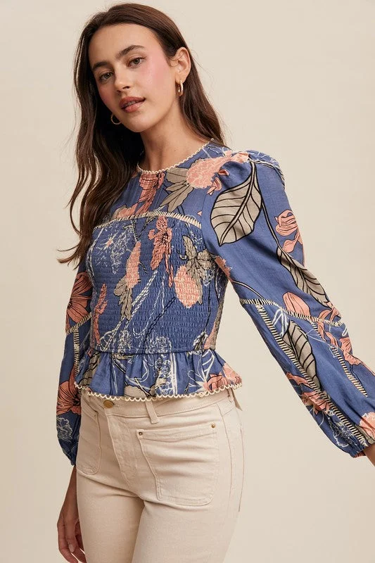 women's tops with sheer overlaysWillow Long Sleeve Floral Print Smocked Top Blue