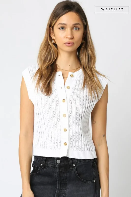 women's tops with bell sleevesWaitlist 2/5 ♥ Ellen Sleeveless Button Down Knit Sweater Top White