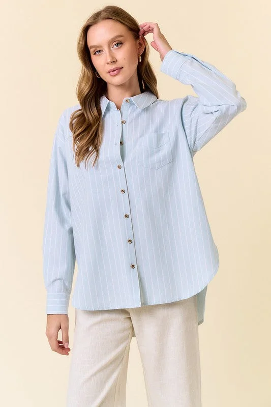 women's tops with cold-shoulder cutsCandice Long Sleeve Oversized Button Down Stripe Print Top Blue