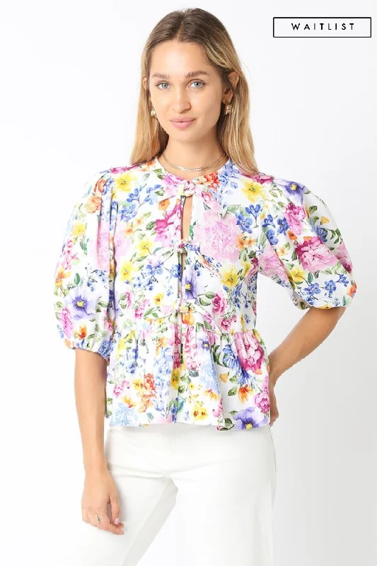 women's tops for those who love to dress up their casual looks with stylish topsWaitlist 1/20 ♥ Mindy Short Puff Sleeve Front Tie Floral Print Top Blue White