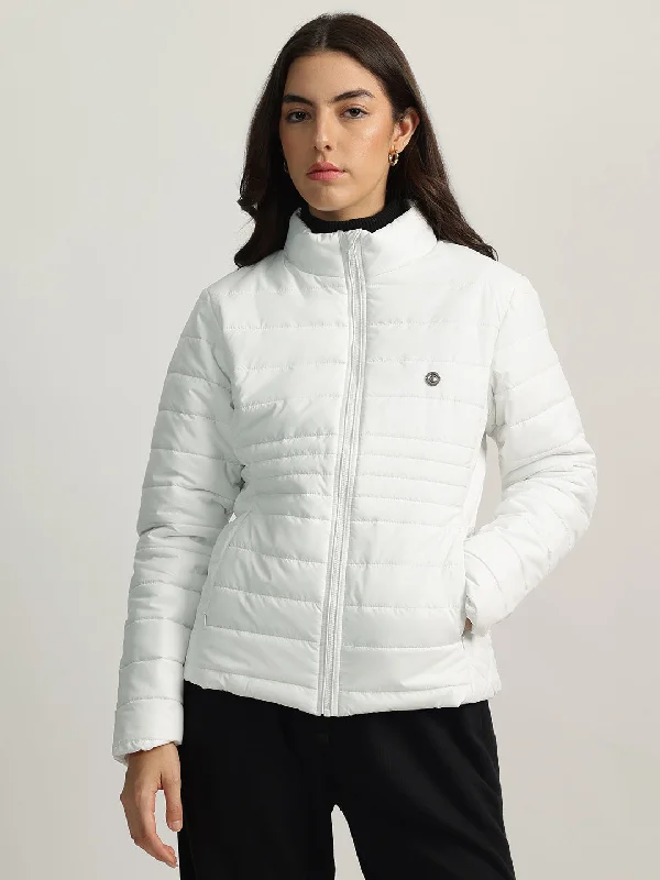 women's tops for those who want to create outfits that are both trendy and timelessIconic Women White Solid Stand Collar Full Sleeves Puffer Jacket