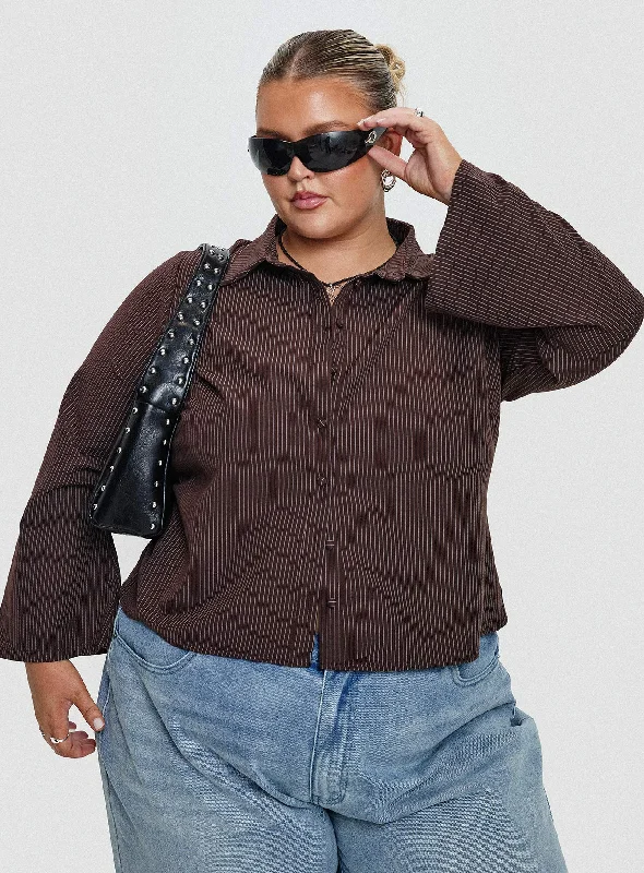 women's tops for those who love bold and vibrant colorsAnni Pinstripe Shirt Brown Curve