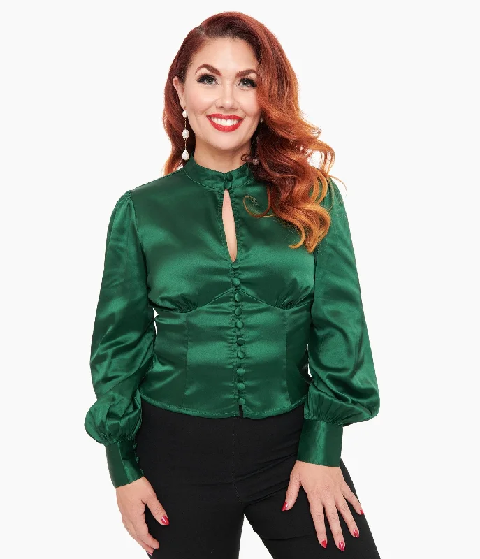 women's tops for those who love to shop for unique findsUnique Vintage 1970s Emerald Satin Keyhole Button Waist Blouse