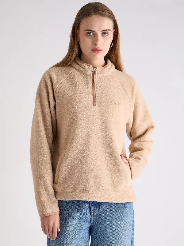 striped women's topsElle Women Beige Self-Design Mock Neck Full Sleeves Sweatshirt