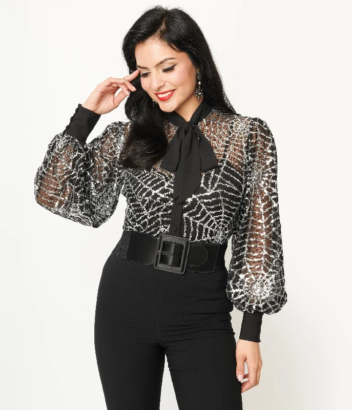 women's tops for business casual attireUnique Vintage Black & Silver Sequin Spiderweb Sheer Gwen Blouse