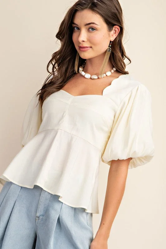 women's tops for business casual attireAmber Short Puff Sleeve Peplum Top Cream