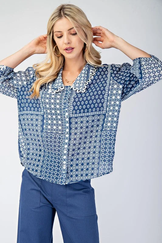 women's tops with sequin embellishmentsAbbott Button Down Lace Collar Abstract Print Top Blue