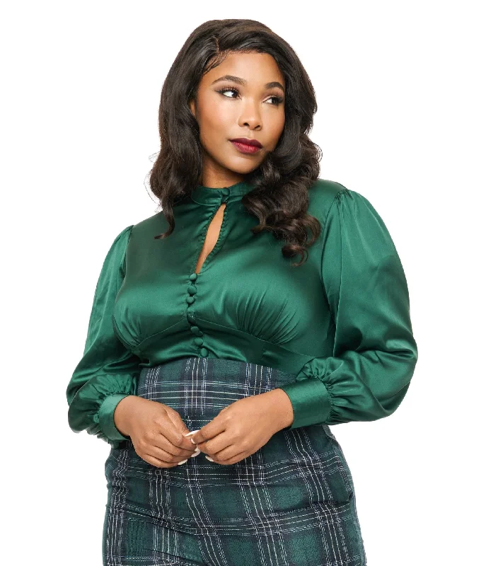 women's tops for those who love to dress up their casual looks with stylish topsUnique Vintage Plus Size 1970s Emerald Satin Keyhole Button Waist Blouse