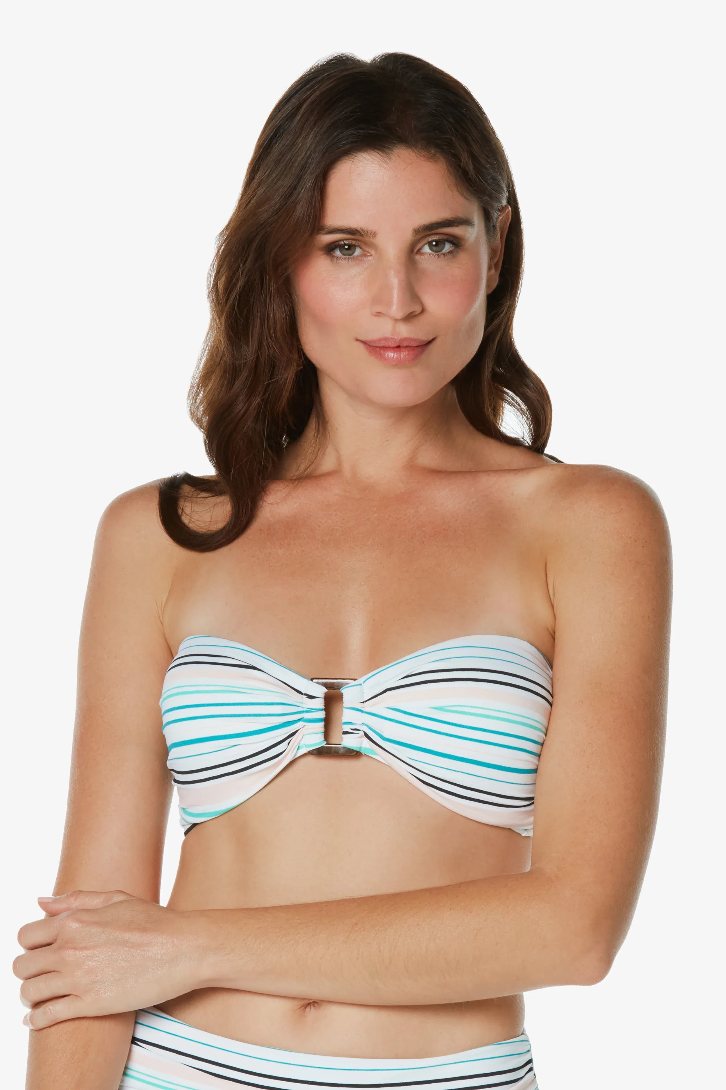 High-Neck One-Piece FemaleHook Back Tortoise Bandeau  |  Textured Coastal Stripe