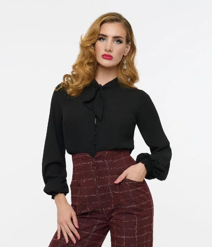 women's tops for those who want to add a pop of color to their outfitsUnique Vintage 1940s Black Neck Tie Blouse