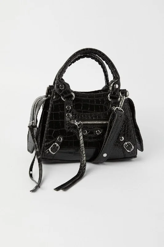 women's tops with asymmetrical designsBlack Croc Top Handle Crossbody Bag