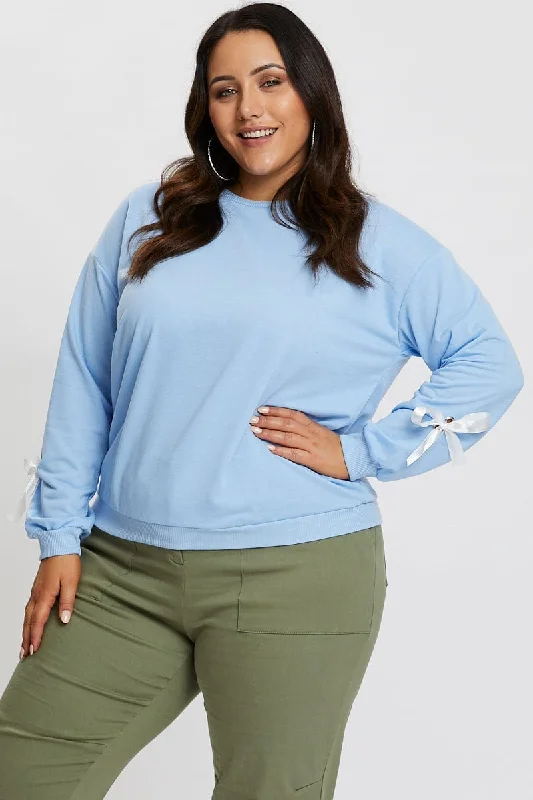 women's tops with cold-shoulder cutsBlue Tie Sleeve Sweater