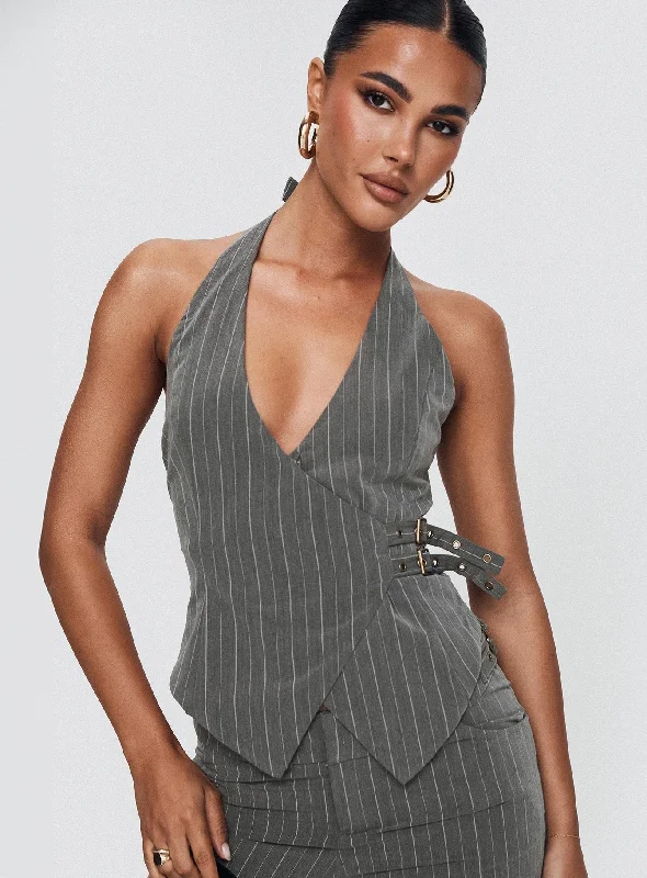 women's tops for those who want to add a bit of flair and personality to their looksCalexico Buckle Halter Top Grey Pinstripe