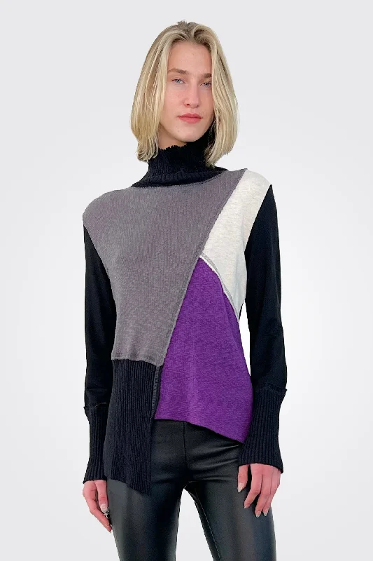 women's tops with sheer overlaysColorblock Turtleneck Sweater - Black Multi