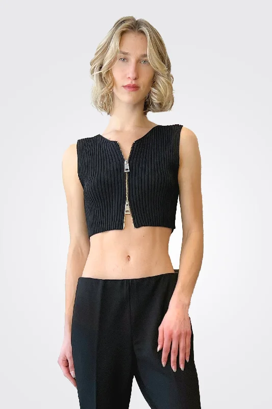 women's tops for those who want to add a touch of sophistication to their casual attireCropped Ribbed Zip Top - Black