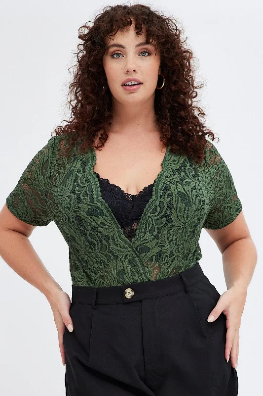 women's tops for those who want to invest in timeless piecesGreen Lace Bodysuit Short Sleeve V-neck