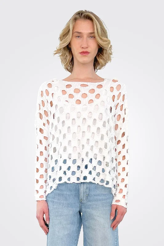 women's tops with sheer overlaysLula Cutout Pullover - White