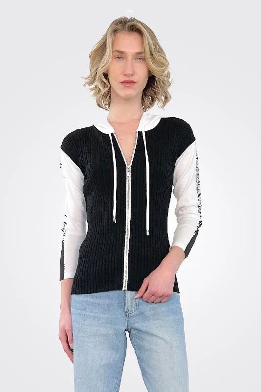 silk women's topsSleeve Detail Zip Up Hoodie - White / Black