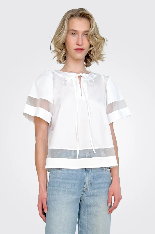 women's tops for those who want to stay updated with the latest fashion trendsTie Neck Short Sleeve Blouse - White